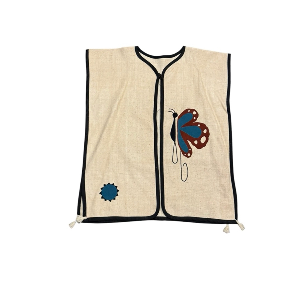 Unbranded Canvas Smock Top Size Unknown Beige Embroidered Butterflies Tassels​​​ - Picture 7 of 7
